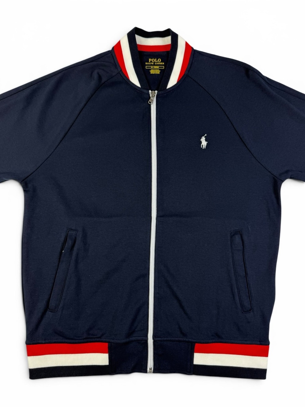 Polo Ralph Lauren Navy Double Knit Bomber Full Zip Striped Trim M
